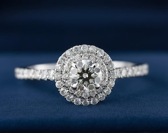 Anillo de compromiso con halo cultivado en laboratorio, redondo, de 1,05 quilates, VVS2 F IGI, con diamantes pavé, para novias en plata 925 y oro de 10 quilates, 14 quilates y 18 quilates.