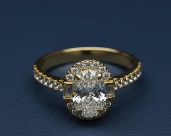 Anillo de compromiso ovalado con halo de diamantes cultivados en laboratorio, 1,50 ct VVS2 F certificado por IGI, oro de 14 quilates.