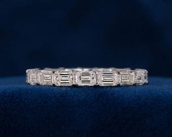 Aliança de eternidade com diamantes cultivados em laboratório com lapidação esmeralda, anel de eternidade completo, aliança de casamento com diamantes e lapidação esmeralda, anel de ouro empilhável