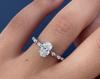 Anello di fidanzamento con diamante ovale da 1,18 carati VVS2 F certificato IGI, anello nuziale con accento rotondo in oro 14 carati e 18 carati