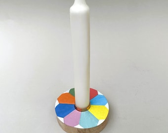 Unique handmade wooden candle holder, round shape, dopamine and retro trend, with acrylic paint, as table decoration