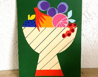 Original paper collage, artwork fruit basket, paper cut, silhouette, paper art, original art, still life