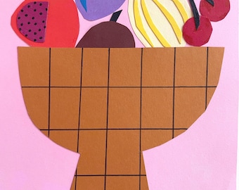 Original paper collage, artwork fruit basket, paper cut, silhouette, paper art, original art, still life