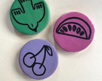 Handmade refrigerator magnets, set of 3 made from air-dry clay