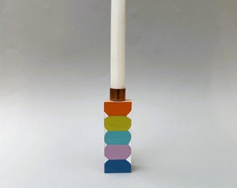 Unique handmade wooden candle holder, elongated shape, dopamine and retro trend, with acrylic paint, as table decoration