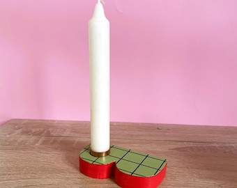 Unique handmade candle holder in green and red, made of wood, hand-painted, retro design, checkered, plaid.