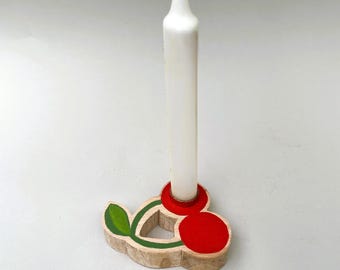 Unique handmade cherry wood candle holder, dopamine trend, candlestick, with acrylic paints as table decoration