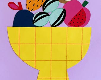 Original paper collage of fruit, abstract artwork of a fruit basket, paper cut, paper art, original art, still life with fruit