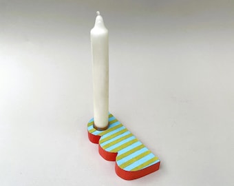 Unique handmade wooden candle holder with striped design, hand-painted, retro design, striped green-turquoise
