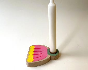 Unique handmade wooden candle holder in a floral design, painted with acrylic paints, suitable as a gift and table decoration.