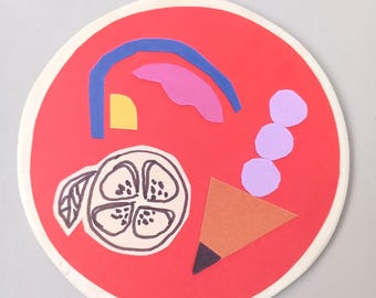 Art print of a paper collage on wood, red, ready to hang, no frame required, abstract artwork, picture