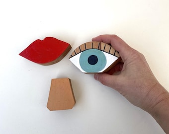 Unique handmade wooden photo holder set in the shape of an eye, nose, and mouth, retro design, card holder