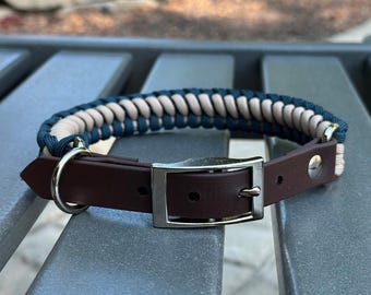 Handmade Braided Dog Collar | Navy Blue & Light Tan | Customize Colors