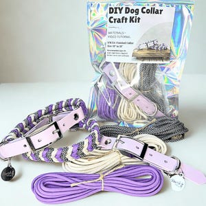 May include: DIY dog collar craft kit with materials and video tutorial. Includes light purple and white braided collars with silver buckles, light purple leather accents, and a bundle of purple rope. Finished collar size 10" to 18".