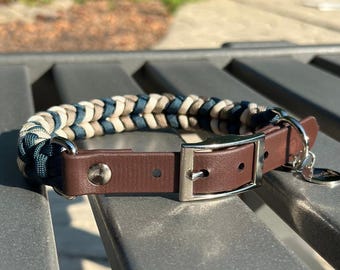 Handmade Braided Dog Collar | Navy Blue, Tan, & Cream | Customize Colors