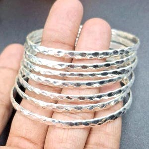 Set of 7 Hammered Sterling Silver Bangles – Handmade Stackable Silver Bracelets for Women 925 Sterling Silver Bangles Set – Hammered Bangle