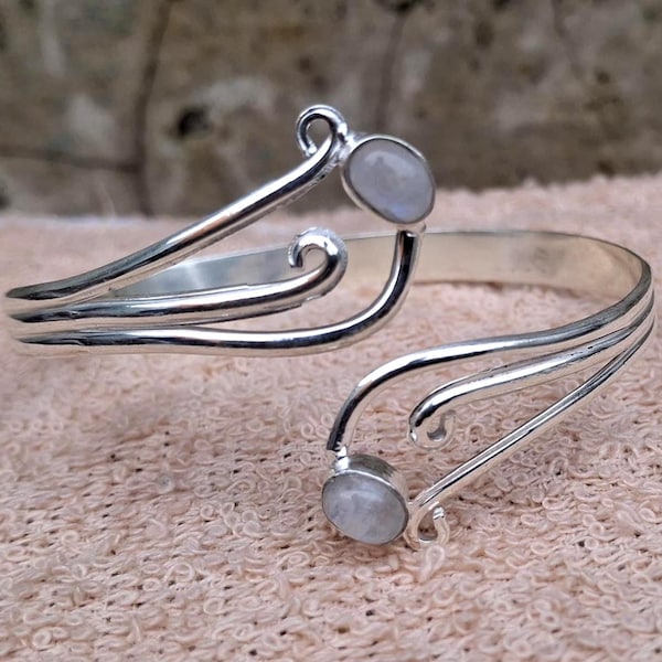 Sterling Silver Moonstone Bracelet: Handmade Open Cuff Bangle