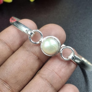 925Sterling Silver Pearl Bangle Elegant Handmade Bracelet with Round White Pearl Minimalist Jewelry Gift for Her Classic Silver Pearl Bangle