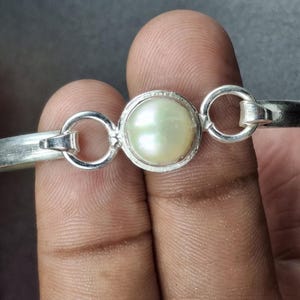 925Sterling Silver Pearl Bangle Elegant Handmade Bracelet with Round White Pearl Minimalist Jewelry Gift for Her Classic Silver Pearl Bangle