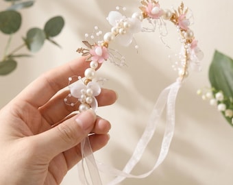 Diadema para niña de las flores, corona de cumpleaños para bebé niña, diadema de boda para niños, accesorio para el cabello floral bohemio, corona para el cabello de niña pequeña para fiesta