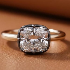 Anillo de diamantes talla cojín estilo georgiano, anillo de compromiso de moissanita, alianza de boda solitaria de oro amarillo ennegrecido para ella.