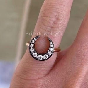 Georgian Blackened Gold Ring, Crescent Moon Shape Round Cut Moissanite Engagement Ring, Round Diamond Victorian Ring, Plain Wedding Band
