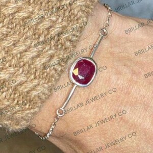 Bezel Set Pink Ruby Bracelet, Antique Gemstone Bracelet, Solitaire Simulated Diamond Engagement Bangle, Silver Minimalist Victorian Bracelet