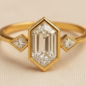 1,5 kt zeshoek geslepen moissaniet ring, volledige ring, kite geslepen diamant minimalistische verlovings- of stapelring, drie stenen jubileumring