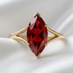 Marquise Cut Red Gemstone Engagement Ring, Solitaire Simulated Diamond Anniversary Ring, Split Shank Wedding Band, January Birthstone Ring