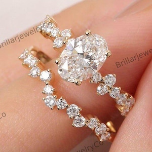 2.00 CT Oval Cut Moissanite Engagement Ring, Yellow Gold Cluster Diamond Bridal Ring Set, Zig-zag Half Eternity Wedding Band, Gift For Her