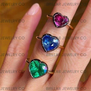 Georgian Cut Down Button Back Setting Gemstone Heart Shaped Ring, Green & Pink Ruby, Blue CZ Diamond Ring, Blackened Gold Solitaire Ring