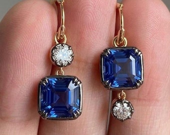Georgian Button Back Setting Earrings, Blue Sapphire Asscher & Round CZ Diamond Hoop Earring Gypset, Drop Victorian Style Vintage Earring