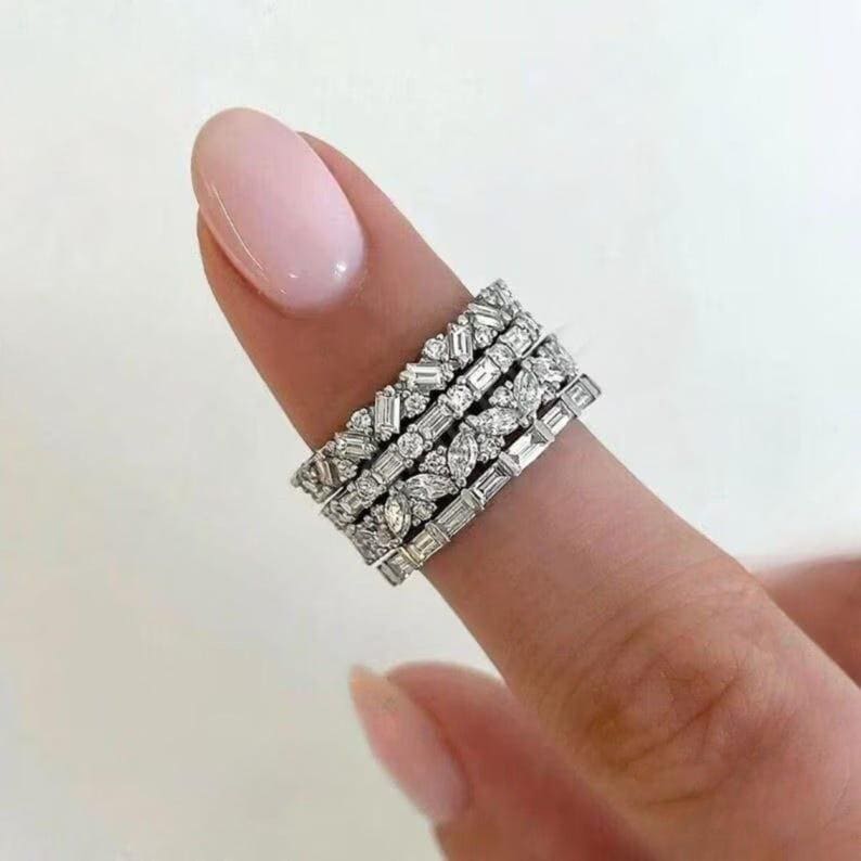 Full Eternity Bridal Band, Baguette Bar Set Band, Multi Shape Simulated Diamond Wedding Band East To West Style Stacking Band, Gift For Love
