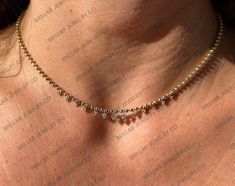 Dangling Charm Ball Chain Necklace, Beaded Chain Dainty Everyday Necklace, Moissanite Diamond Unique Bridal Choker Necklace Gift For Her
