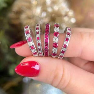 Round Cut Pink Ruby Gemstone And White Diamond Full Eternity Band, 925 Silver Bridal Matching Band, Channel Set Band, July Birthstone