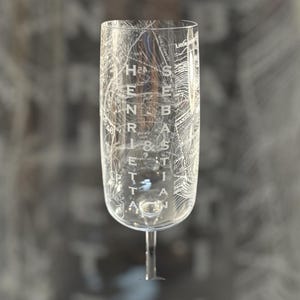 May include: A clear champagne flute with a map design etched on the glass. The text "HENSEL & TIAN" is vertically displayed. The glass has a long stem and a wide bowl, perfect for celebratory drinks.