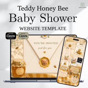 May include: A Teddy Honey Bee baby shower website template displayed on a laptop and smartphone screen. The design features a honey jar, a wax seal with a teddy bear, and bees. The digital interface includes RSVP and invitation sections.