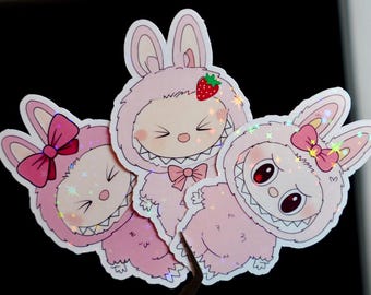 Pegatinas impermeables inspiradas en Labubu: Trío de Monstruos Rosas / Pegatinas brillantes impermeables