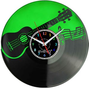 Ukulele Rock N Roll Wall Clock • Glow in the Dark Vinyl Record Clock • Music Lover Gift • Fluorescent Background