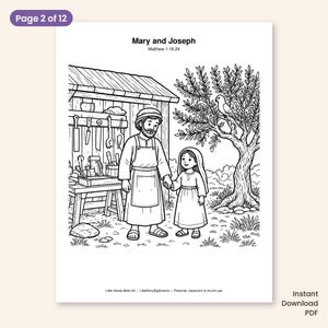 May include: A black and white coloring page titled Mary and Joseph Matthew 1:18-24. It depicts a man in an apron and a child standing outside a wooden workshop with tools on a wall, next to a tree with a bird. The bottom text reads Little Hands Bible Art.