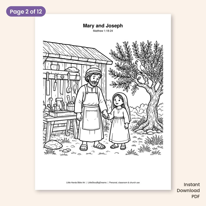 May include: A black and white coloring page titled Mary and Joseph Matthew 1:18-24. It depicts a man in an apron and a child standing outside a wooden workshop with tools on a wall, next to a tree with a bird. The bottom text reads Little Hands Bible Art.