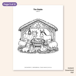 May include: A black and white coloring page titled The Stable Luke 2:7 featuring a nativity scene with a baby in a manger, a cow, a donkey, sheep, and a chicken under a thatched roof structure with a hanging lantern and a star above.