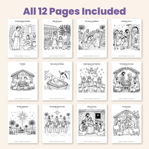 May include: A set of 12 black and white coloring pages featuring biblical nativity scenes. The collection includes illustrations of the Angel Gabriel, Mary and Joseph, the journey to Bethlehem, the manger, shepherds, and the wise men.
