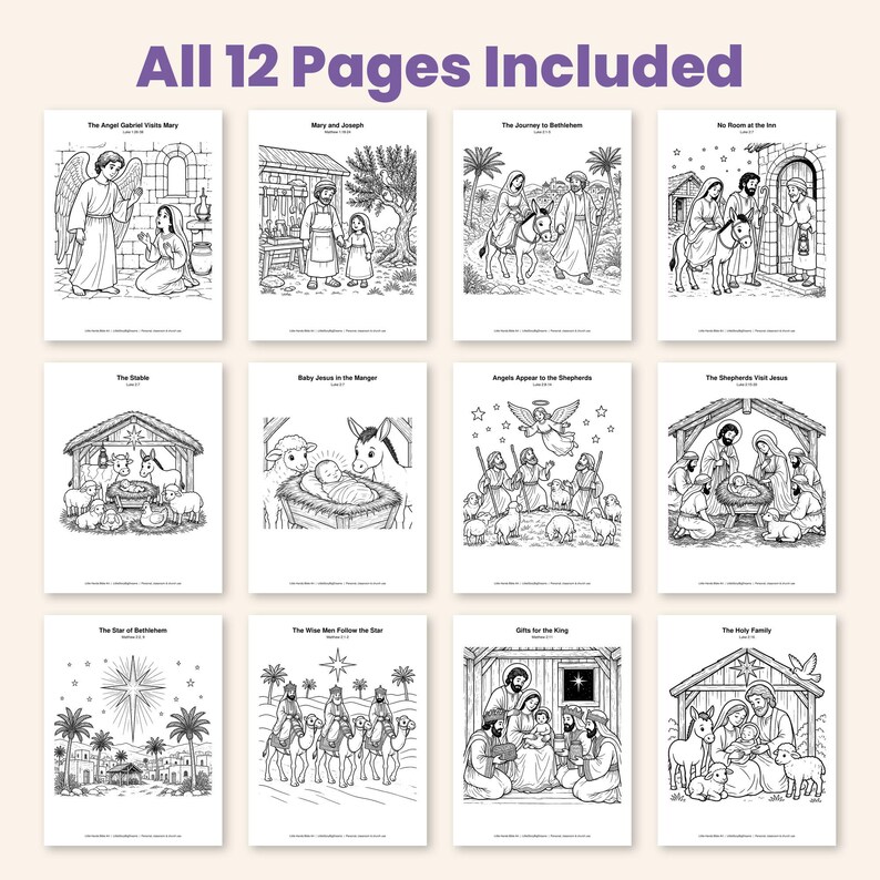 May include: A set of 12 black and white coloring pages featuring biblical nativity scenes. The collection includes illustrations of the Angel Gabriel, Mary and Joseph, the journey to Bethlehem, the manger, shepherds, and the wise men.