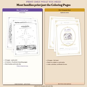 Print only what you need. File 1, Coloring Pages: 23 pages, 12 stories and 8 activity & teaching pages, prints in black ink only. Most families print just this. File 2, Keepsake Book: 42 pages, optional, to read on a tablet or print the pages you pick. Letter and A4 are included with both files.