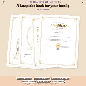 More than coloring pages: a keepsake book for your family. Real pages from The First Christmas Keepsake Book, with a This Book Belongs To page, a letter from our family, a story and verse on every page, a coloring certificate, a maze and dot-to-dot, and story order cards.
