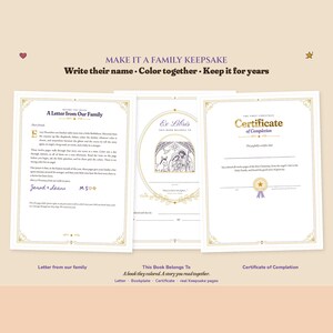 Make it a family keepsake: write their name, color together and keep it for years. Shows a letter from our family, an Ex Libris This Book Belongs To page with a Nativity scene, and a gold Certificate of Completion from The First Christmas Keepsake Book.