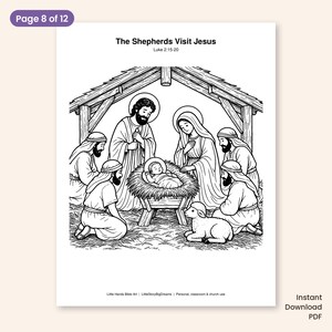May include: A black and white coloring page titled The Shepherds Visit Jesus Luke 2:15-20, featuring a nativity scene with Mary, Joseph, the infant Jesus in a manger, shepherds, and a lamb under a wooden stable structure.
