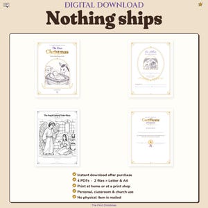 Digital download, nothing ships. Instant download after purchase: 4 PDFs, 2 files in Letter and A4. Print at home or at a print shop, for personal, classroom and church use. No physical item is mailed. Shows the First Christmas cover, bookplate, a Gabriel coloring page and the certificate.