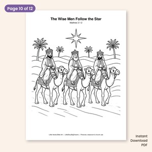 May include: A black and white coloring page titled The Wise Men Follow the Star, Matthew 2:1-2. It features three figures wearing crowns and robes riding camels across a desert landscape with palm trees and a large star overhead.